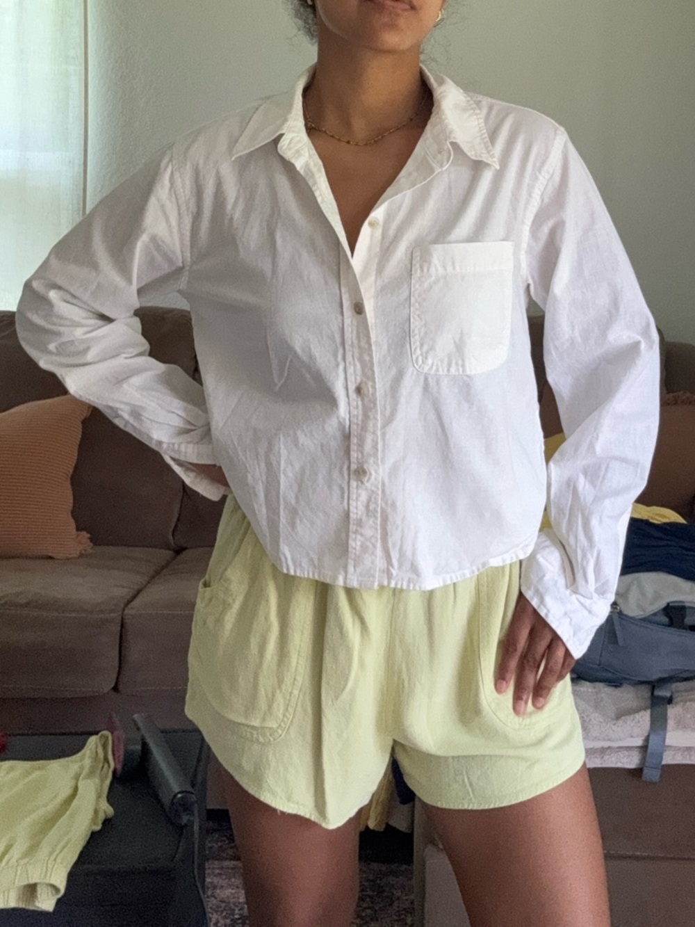 Universal Thread Cream Linen-Look Cropped Shirt - Picture 2 of 4